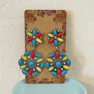 New Bright Multi Colorful Stone Silver Dangle Drop Earrings Southwest Western